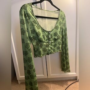 Shien Mesh Green Crop Top long sleeve with flowers